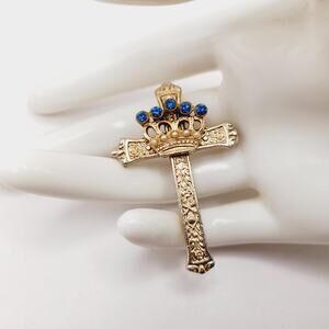 Vintage Crowned Cross Brooch Pendant Gold Tone Blue Rhinestones Pearls